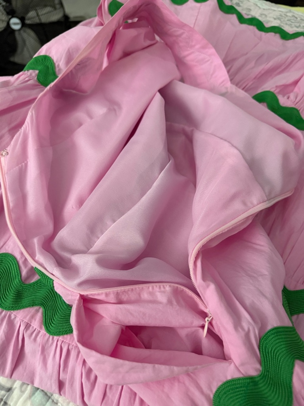 Women's Pink Maxi Dress with Green Trim - Sleeveless Summer Tiered Gown - Picture 5 of 8